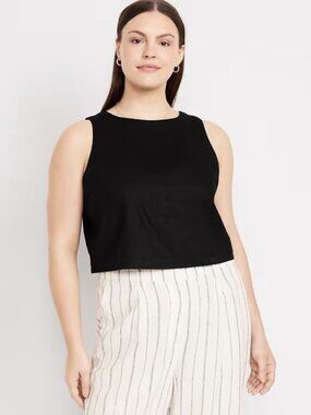 Old Navy | Black High-Neck Button-Back Linen Blend Crop Top, Size XXL